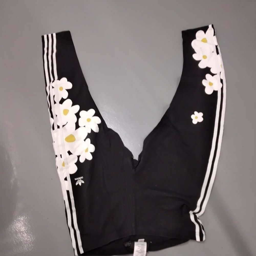 Adidas leggins black with daisies and dark blue yoga pants.